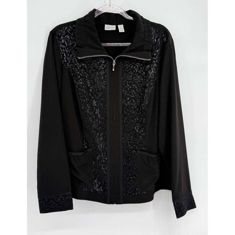 Zenergy by Chicos Black Leopard Print Full Zip Jacket Funnel‎ Neck Sz 3/XL